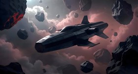 a starship wreck between asteroids