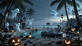 A haunted tropical beach at sunset
