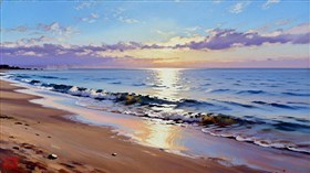 a tranquil sandy shoreline
